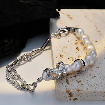 Stralucitoare U S925 Argint Perla Brățară pentru Femei Neregulate Lanț de Bijuterii Fine Cadou