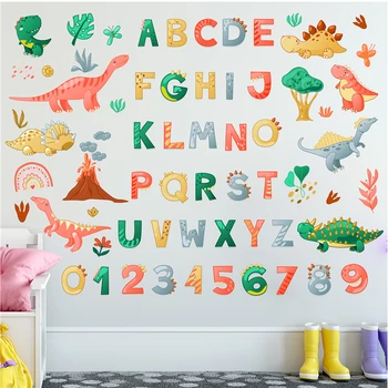 Studiu Cu Dinozauri Minunat Autocolante De Perete Pentru Camera Copii Decor Numere Alfabetul Englez De Artă Murală Acasă Decalcomanii Pepinieră Poster