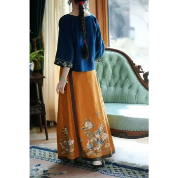 Toamna Elegant Albastru Inchis Stand Guler Fluture Brodat Jacquard Tang Costum de Top, Fusta Tradițională Chineză pentru Femei Plus Dimensiune