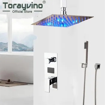 Torayvino LED Tavan Baie Montate Sisteme de Dus Robinet de Duș cu efect de Ploaie Chrome Cu Afișaj de Temperatură Mixer Robinet Set