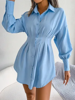 Tricou Dresss Femei Casual Felinar cu Maneci Asimetrice Rochie de Culoare Solidă Single-breasted Rochii Mini