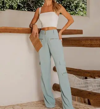 Vara Sexy Curea de Sus și Buzunar cu Fermoar Pantaloni Set de Două Piese Maneca Lunga 2023 Nou Fierbinte de Vânzare de Moda Women ' s Wear