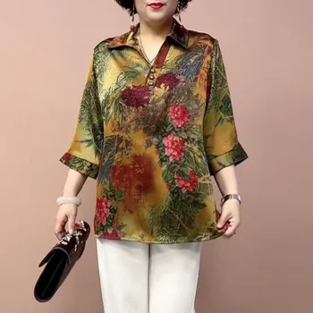 Vara și Toamna Pulover Femei Rever Butonul Imprimate Flori Tricou V-neck Trei Sfert T-shirt Hidroizolatie de Moda Elegante, Topuri