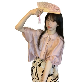 Vară Nouă, Raionul Fată Rever Topuri Cu Maneci Trei Sferturi D Solid De Culoare Roz Respirabil Temperament Streetwear Tricouri