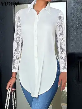 VONDA 2023 Toamna de Moda pentru Femei Tricouri Maneca Lunga Topuri din Dantela Asimetric Elegant de Birou Bluza Casual Solid Blusas Femininas