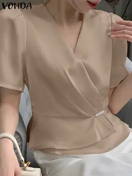 VONDA Femei de Vara Eleganta din Satin Bluza 2023 Sexy V-Neck OL Tricouri Stil Casual Culoare Solidă Tunică de Mătase Topuri de Moda Blusas