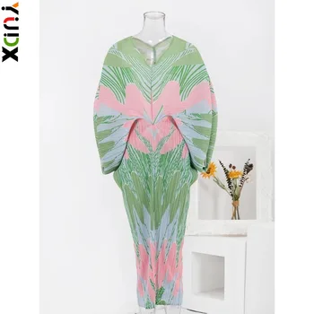 YUDX Miyake Contrast de Culoare de Moda Rochie Plisata pentru Femei V-Gât Batwing Mâneci Lungi Rochii Elegante de Petrecere 2024 Haine Noi