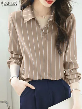 ZANZEA de Primăvară de Moda Topuri Femeie Benzi Imprimate Bluza Femei cu Maneci Lungi Rever Gât Bluza Vintage Streetwear Tricouri Supradimensionate