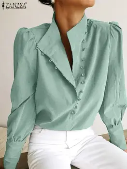 ZANZEA Moda Tricouri Femei Puff Maneca Lunga Elegante Solid Bluza 2023 Toamna Guler Stand de Birou Butoane Topuri Casual Blusas